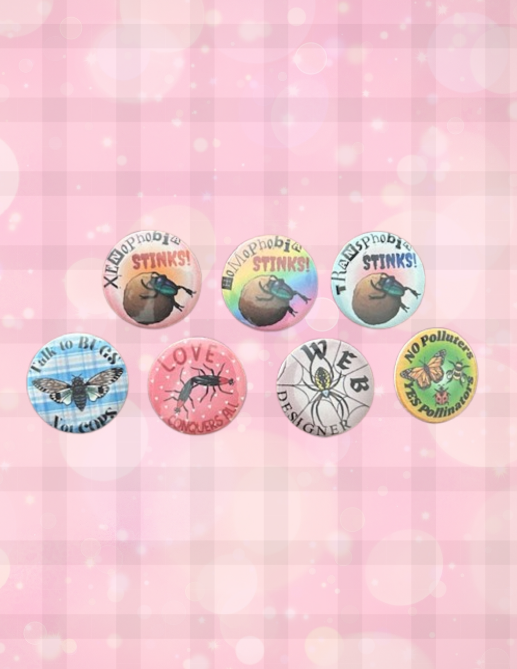 Bug Themed Button Pin Badges (7 Designs)