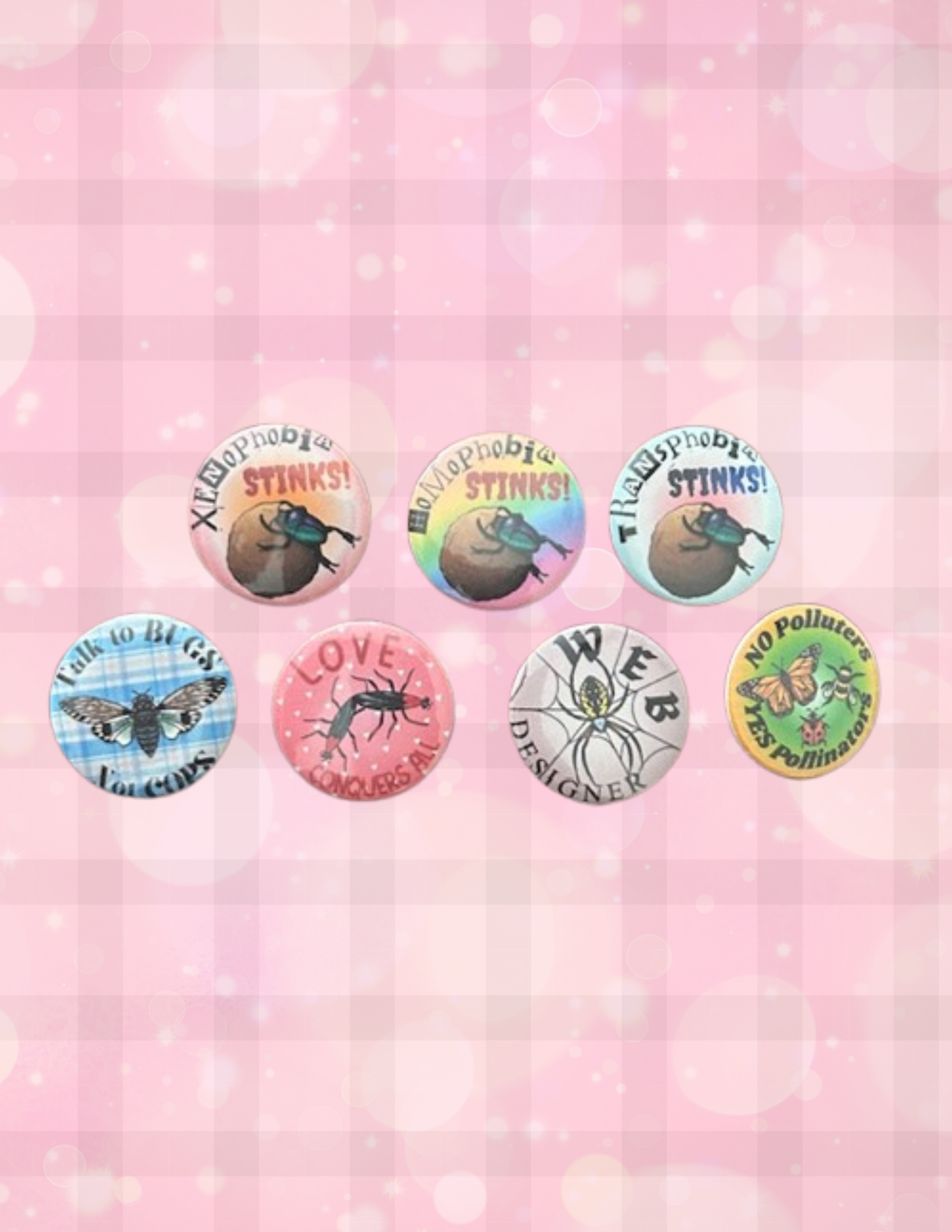 Bug Themed Button Pin Badges (7 Designs)