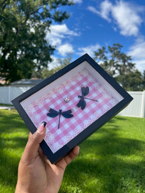 Double Small Dragonfly Insect Frame - White Lace with Pink Gem and Gingham Background